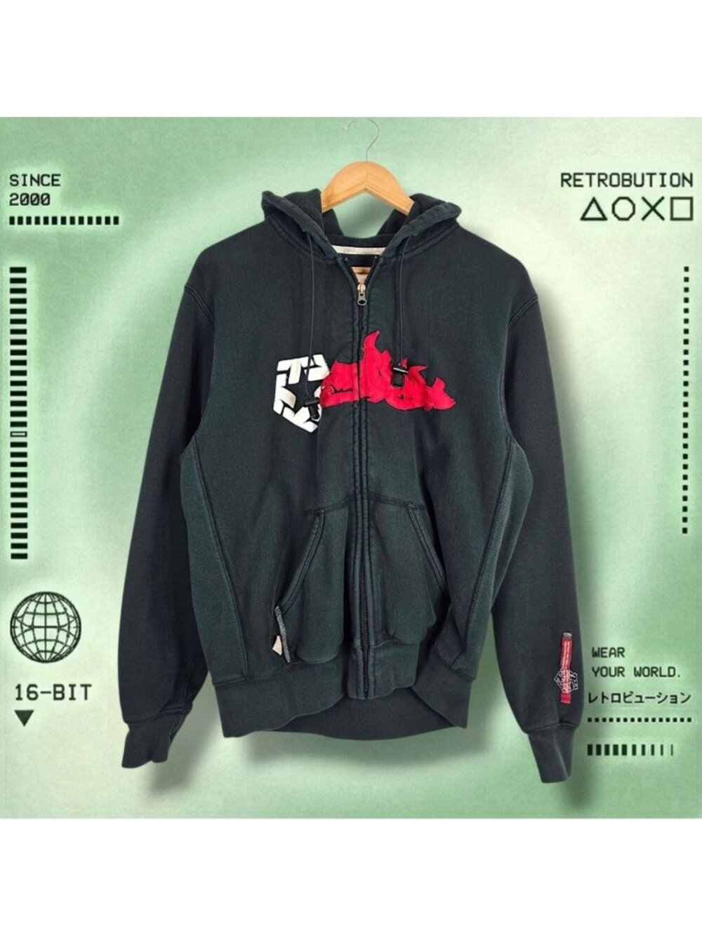 Y2K Tribal Gear Embroidered Zip Up Hoodie Sweatshirt Black Size M